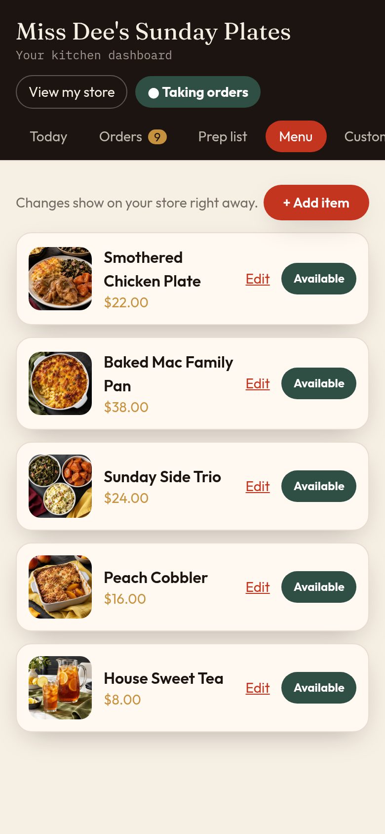 Owner dashboard: Your menu
